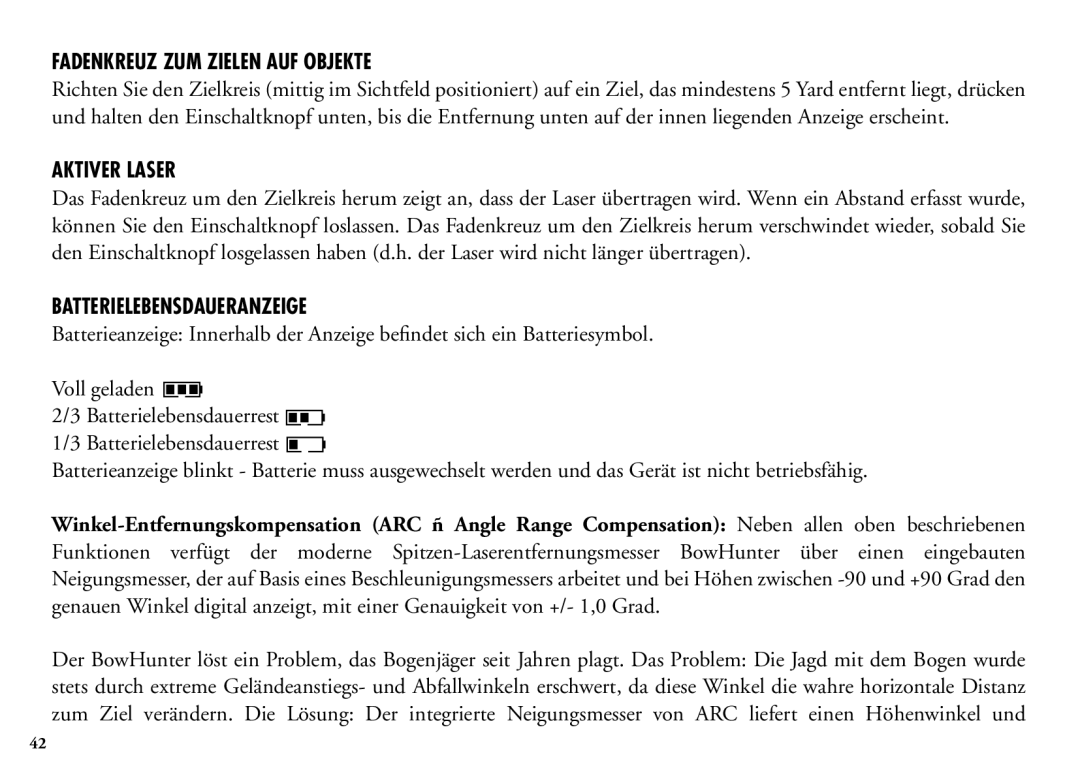 Bushnell 202206 manual Fadenkreuz ZUM Zielen AUF Objekte, Aktiver Laser, Batterielebensdaueranzeige 