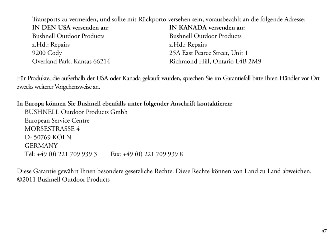 Bushnell 202206 manual DEN USA versenden an Kanada versenden an 