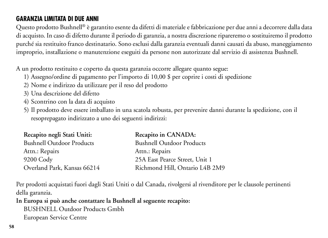 Bushnell 202206 manual Garanzia Limitata DI DUE Anni, Recapito negli Stati Uniti Recapito in Canada 