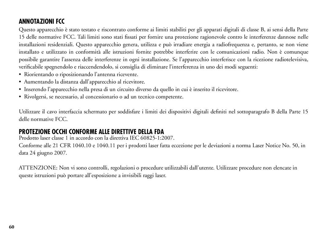 Bushnell 202206 manual Annotazioni FCC, Protezione occhi conforme alle direttive della FDA 