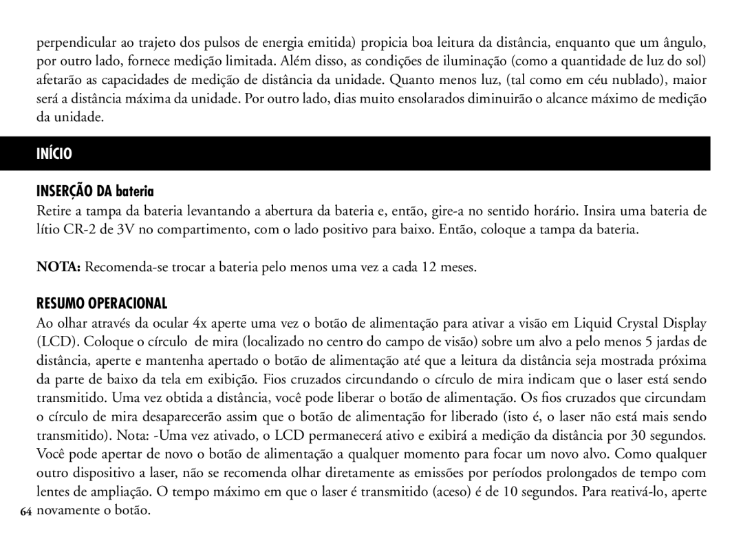 Bushnell 202206 manual Inserção DA bateria, Resumo Operacional 