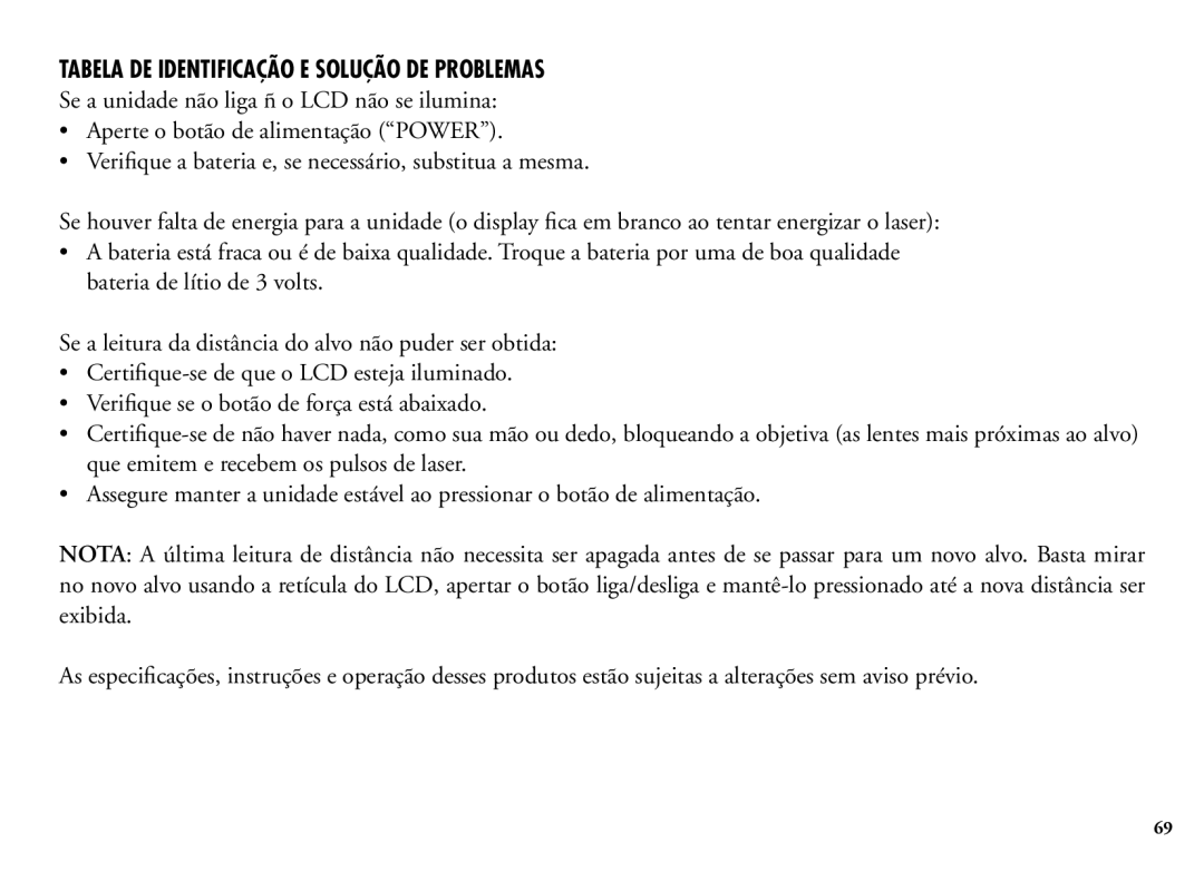 Bushnell 202206 manual Tabela DE Identificação E Solução DE Problemas 