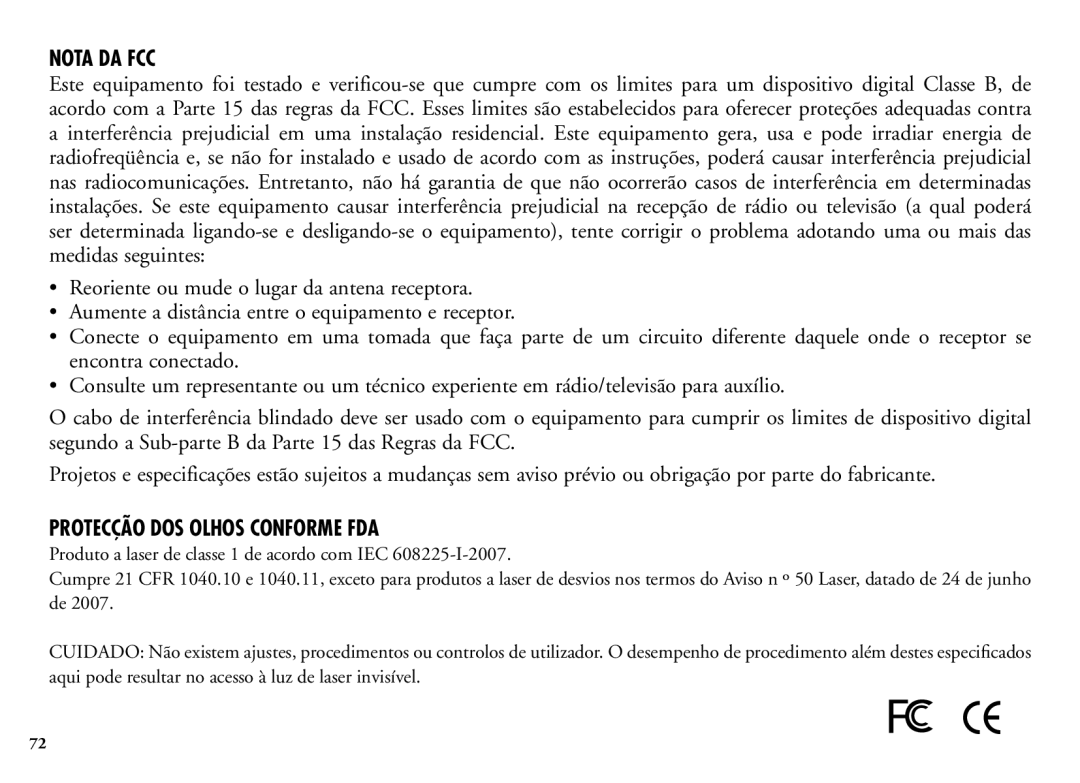 Bushnell 202206 manual Nota da FCC, Protecção dos olhos conforme FDA 