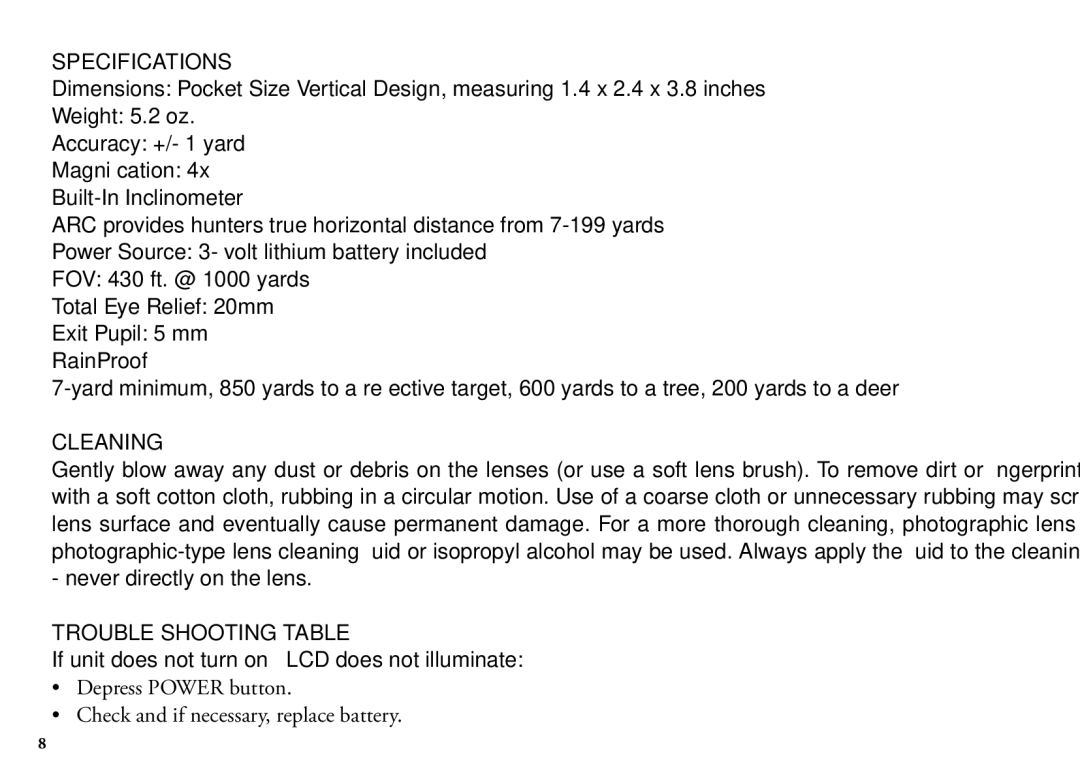 Bushnell 202342 manual Specifications, Cleaning, Trouble Shooting Table 