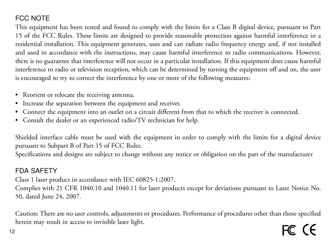 Bushnell 202342 manual FCC Note, FDA Safety 