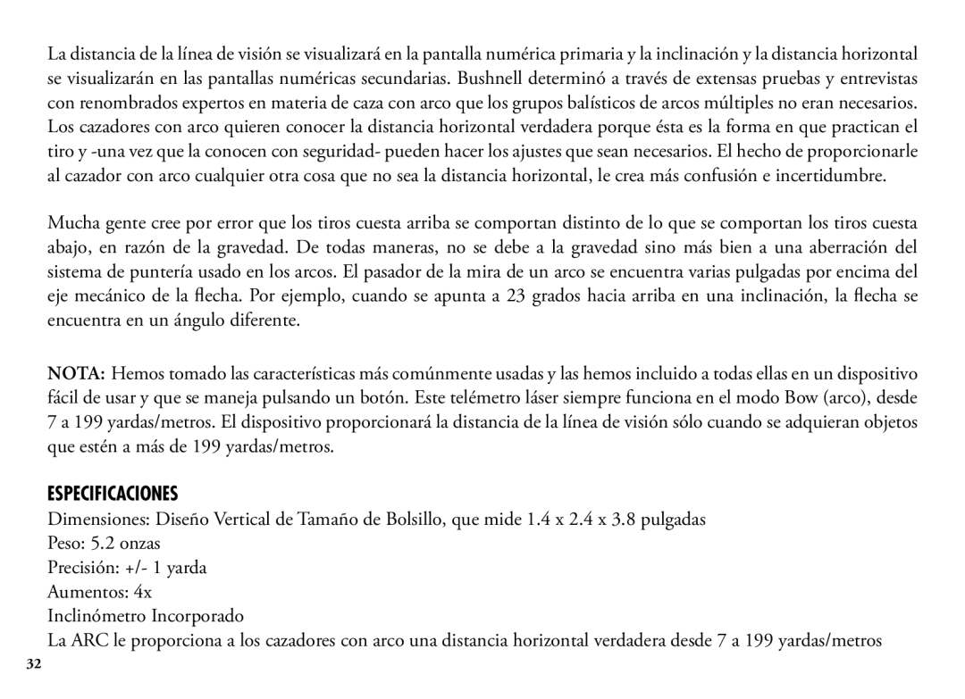 Bushnell 202342 manual Especificaciones 