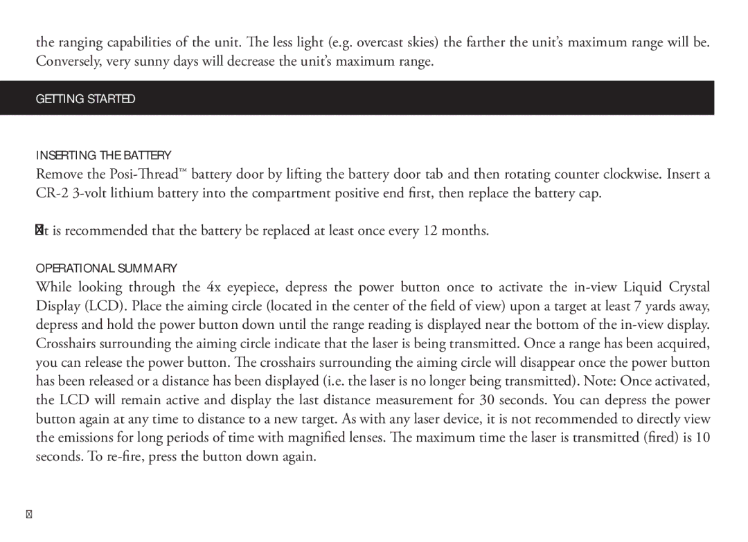 Bushnell 202342 manual Inserting the Battery, Operational Summary 
