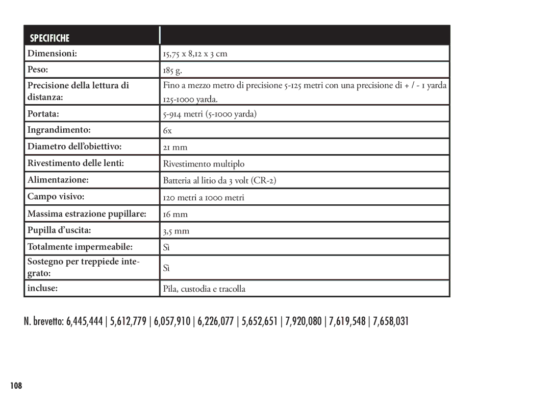 Bushnell 202356, 202355 manual Specifiche 