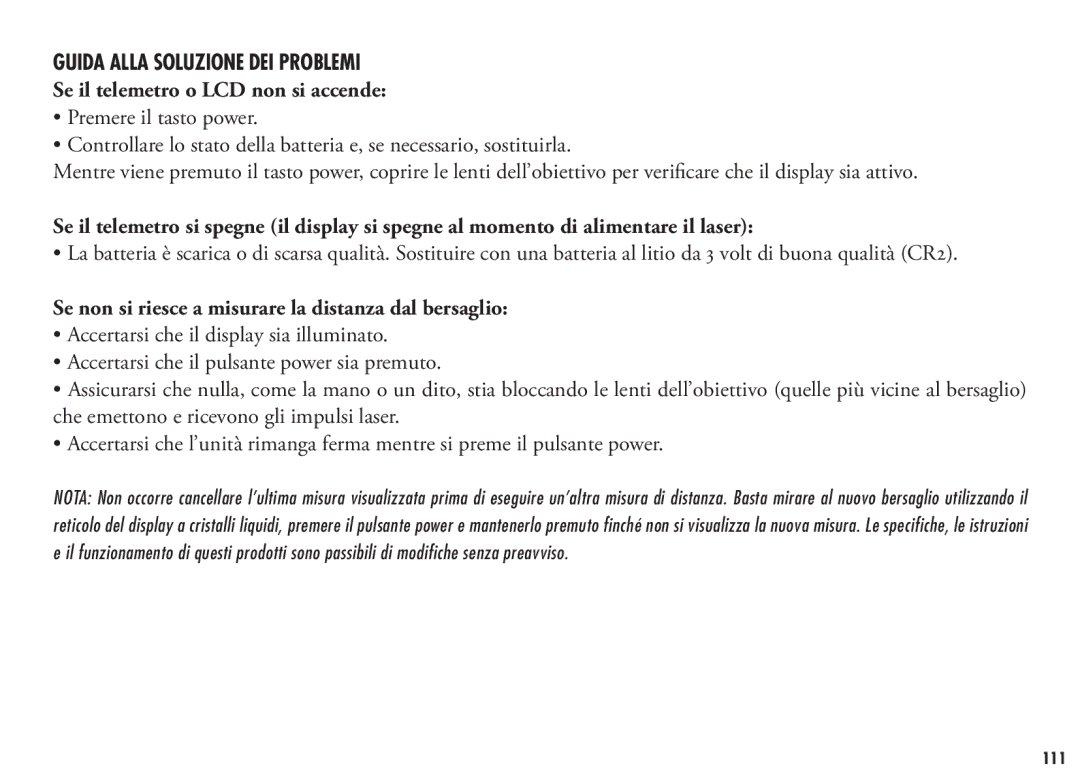 Bushnell 202355, 202356 manual Guida Alla Soluzione DEI Problemi, Se il telemetro o LCD non si accende 