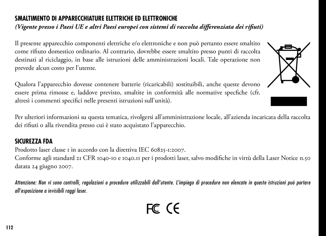 Bushnell 202356, 202355 manual Smaltimento di apparecchiature elettriche ed elettroniche, Sicurezza FDA 