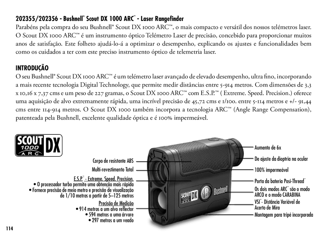 Bushnell manual 202355/202356 Bushnell Scout DX 1000 ARC Laser Rangefinder, Introdução 