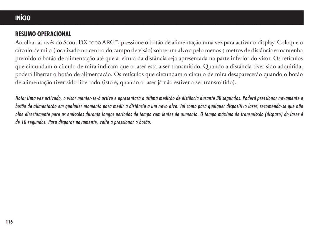 Bushnell 202356, 202355 manual Início, Resumo Operacional 