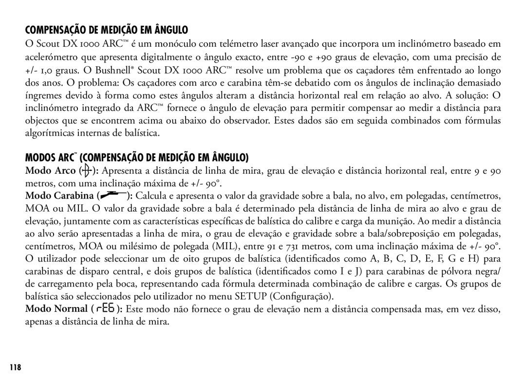 Bushnell 202356, 202355 manual Modos ARC Compensação de Medição em Ângulo 