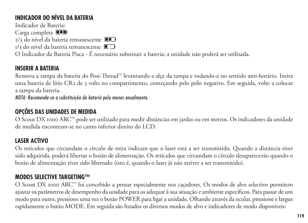 Bushnell 202355, 202356 manual Indicador do Nível DA Bateria, Inserir a Bateria, Opções DAS Unidades DE Medida, Laser Activo 