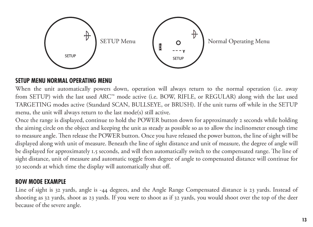 Bushnell 202355, 202356 manual Setup Menu, Setup menu Normal Operating Menu, BOW Mode Example 