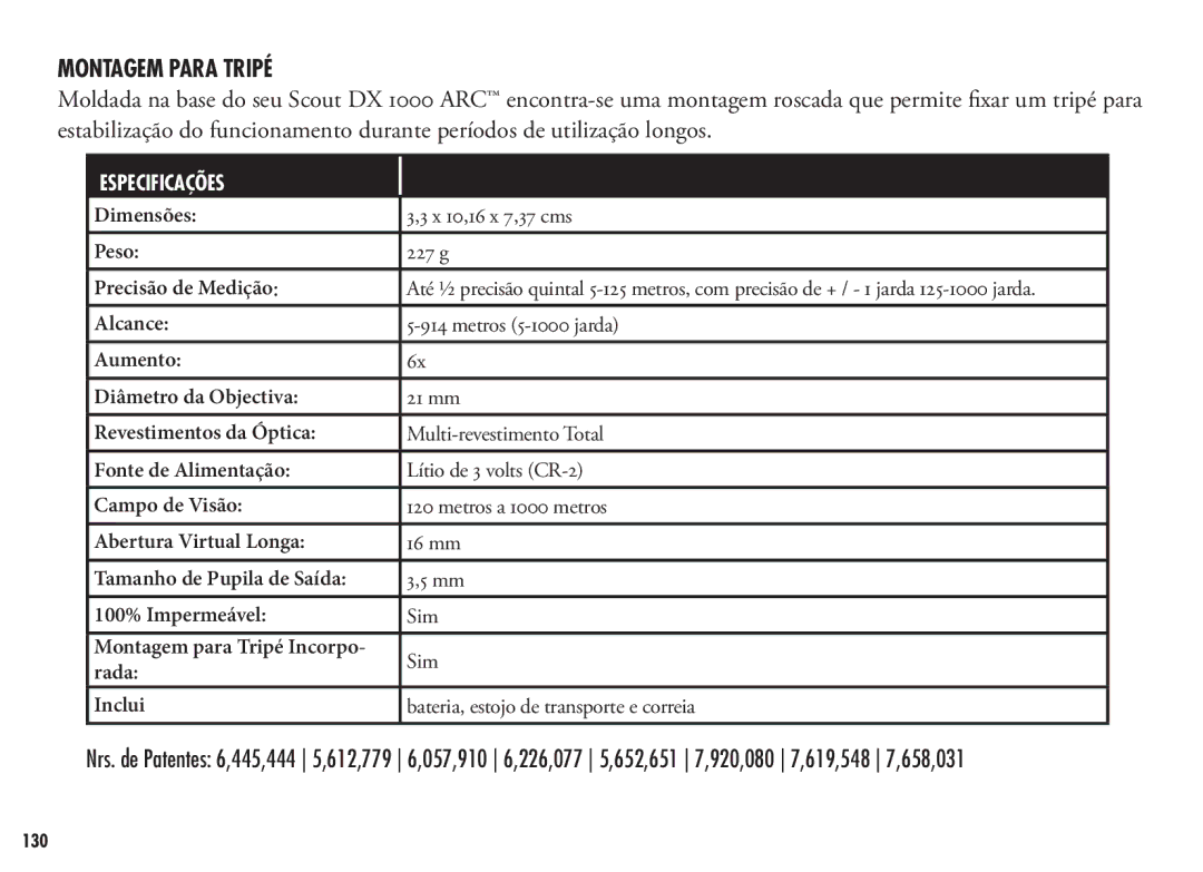 Bushnell 202356, 202355 manual Montagem Para Tripé, Especificações 