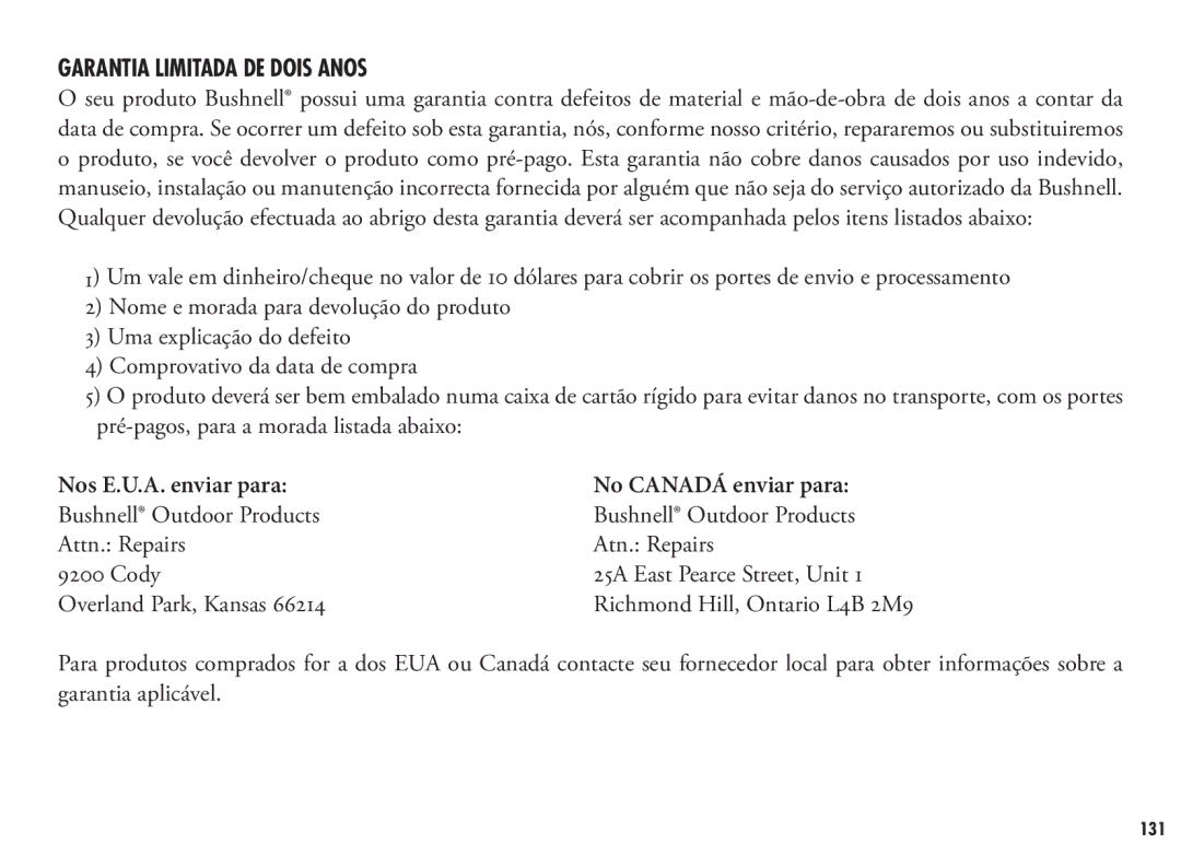 Bushnell 202355, 202356 manual Garantia Limitada DE Dois Anos, Nos E.U.A. enviar para No Canadá enviar para 