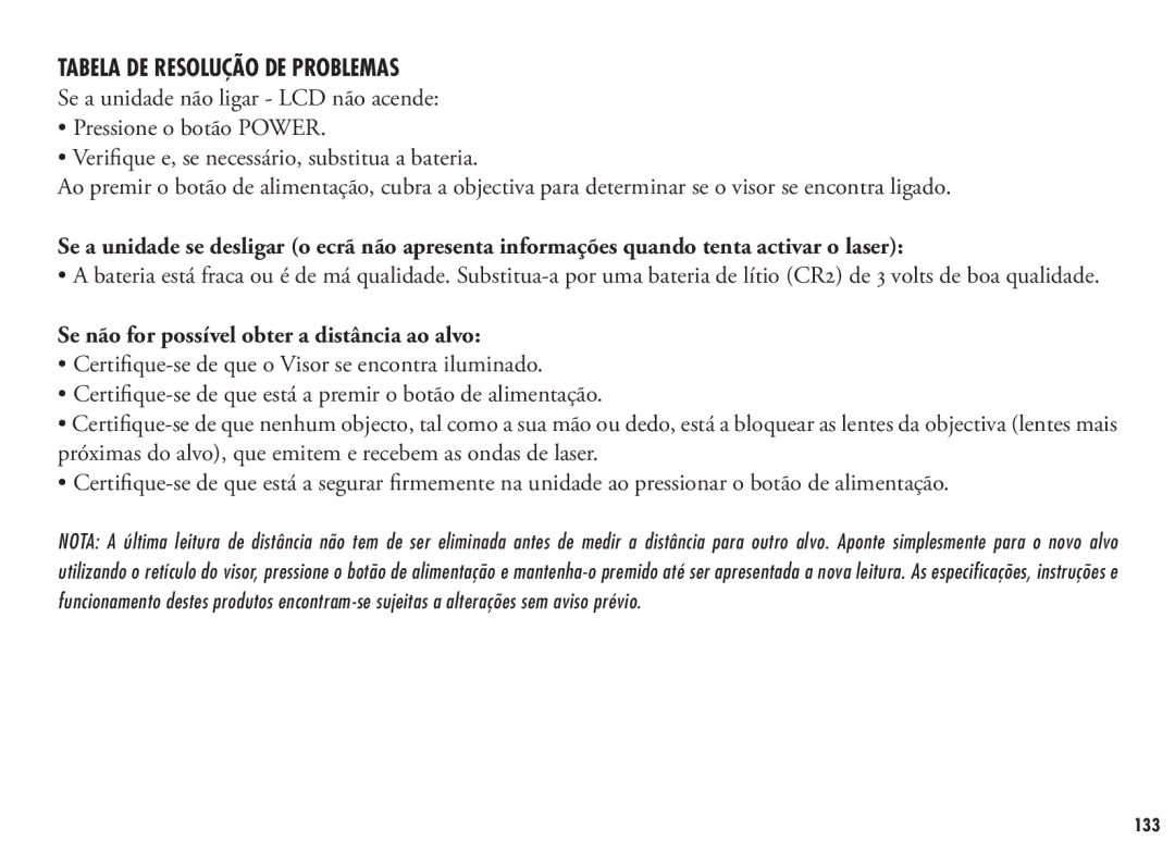 Bushnell 202355, 202356 manual Tabela DE Resolução DE Problemas, Se a unidade não ligar LCD não acende 