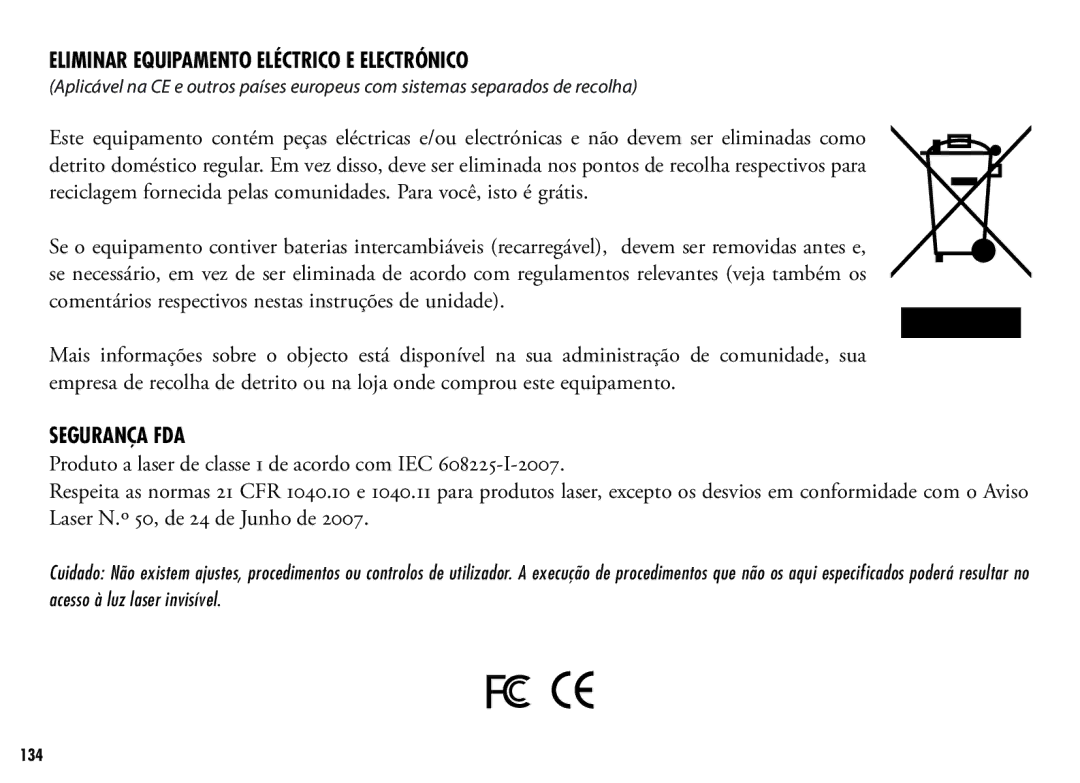 Bushnell 202356, 202355 manual Eliminar Equipamento Eléctrico e Electrónico, Segurança FDA 