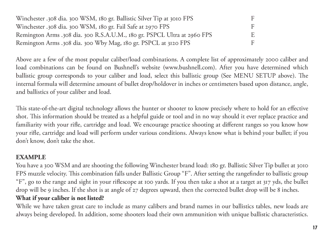 Bushnell 202355, 202356 manual WSM, 180 gr. Ballistic Silver Tip at 3010 FPS, What if your caliber is not listed? 