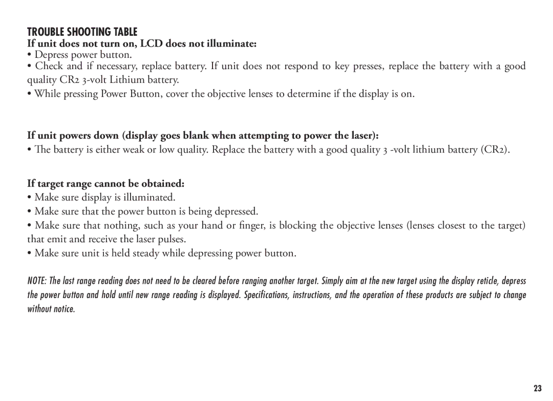 Bushnell 202355, 202356 manual Trouble Shooting Table, If unit does not turn on, LCD does not illuminate 