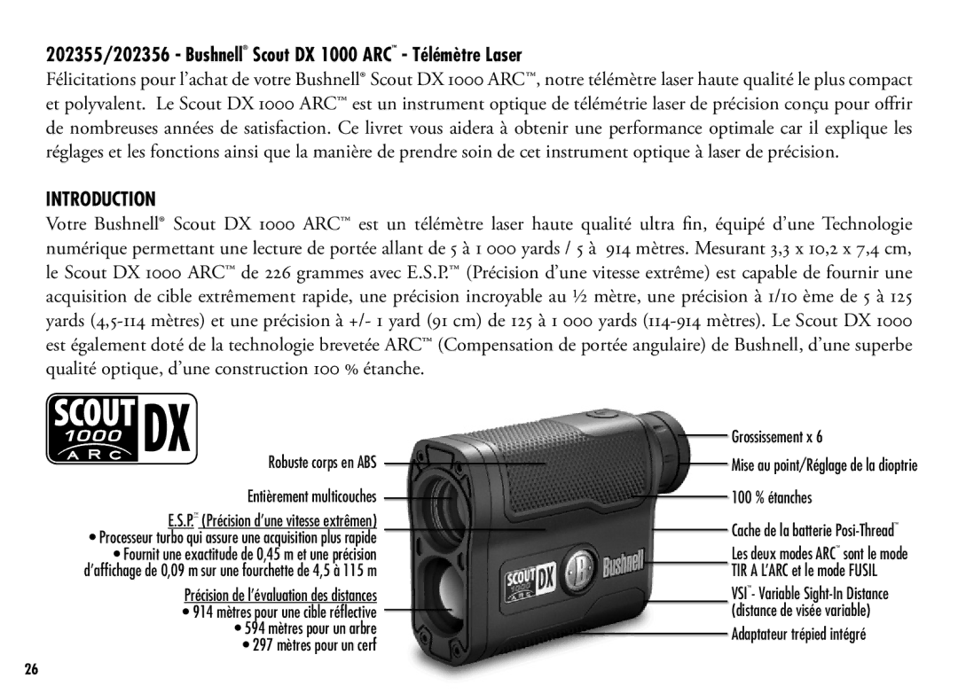 Bushnell manual 202355/202356 Bushnell Scout DX 1000 ARC Télémètre Laser, 100 % étanches 