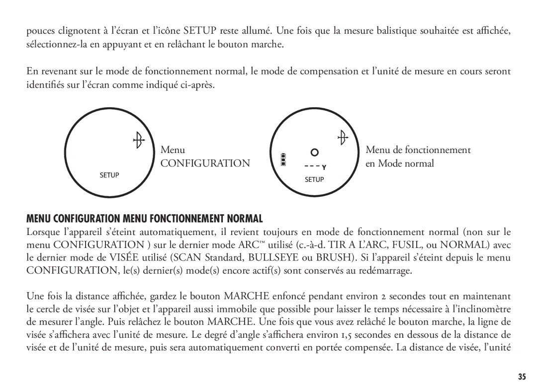 Bushnell 202355, 202356 manual Menu Configuration Menu Fonctionnement Normal 