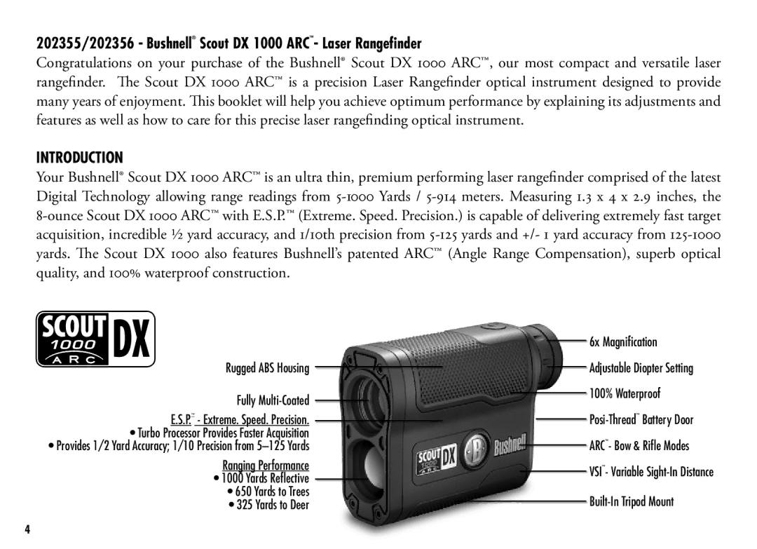 Bushnell manual 202355/202356 Bushnell Scout DX 1000 ARC- Laser Rangefinder, Introduction 