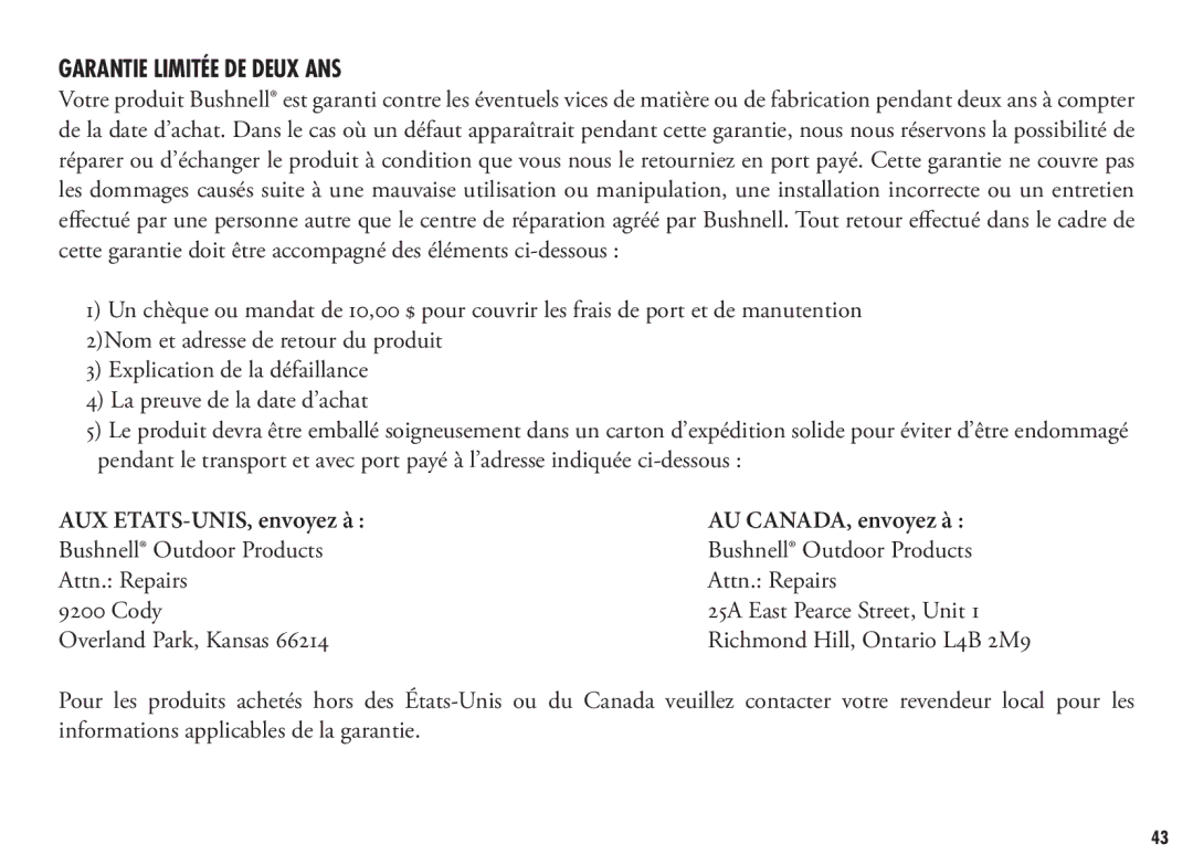 Bushnell 202355, 202356 manual Garantie Limitée DE Deux ANS, Cody Overland Park, Kansas 