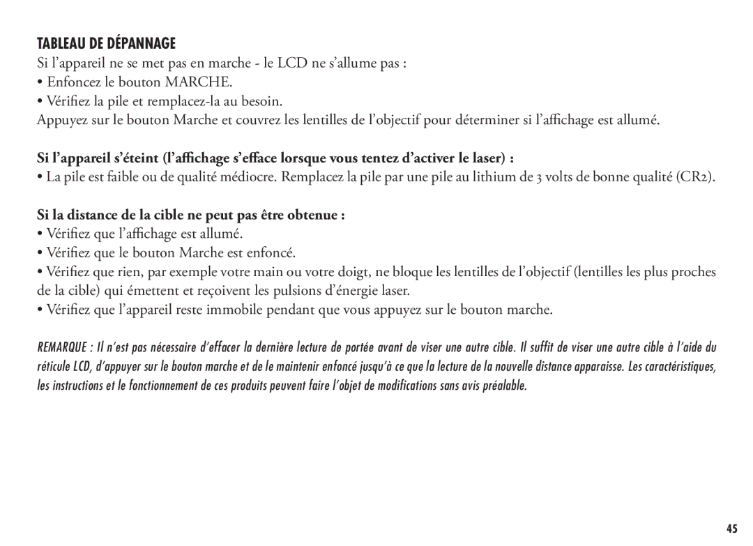 Bushnell 202355, 202356 manual Tableau DE Dépannage, Si la distance de la cible ne peut pas être obtenue 