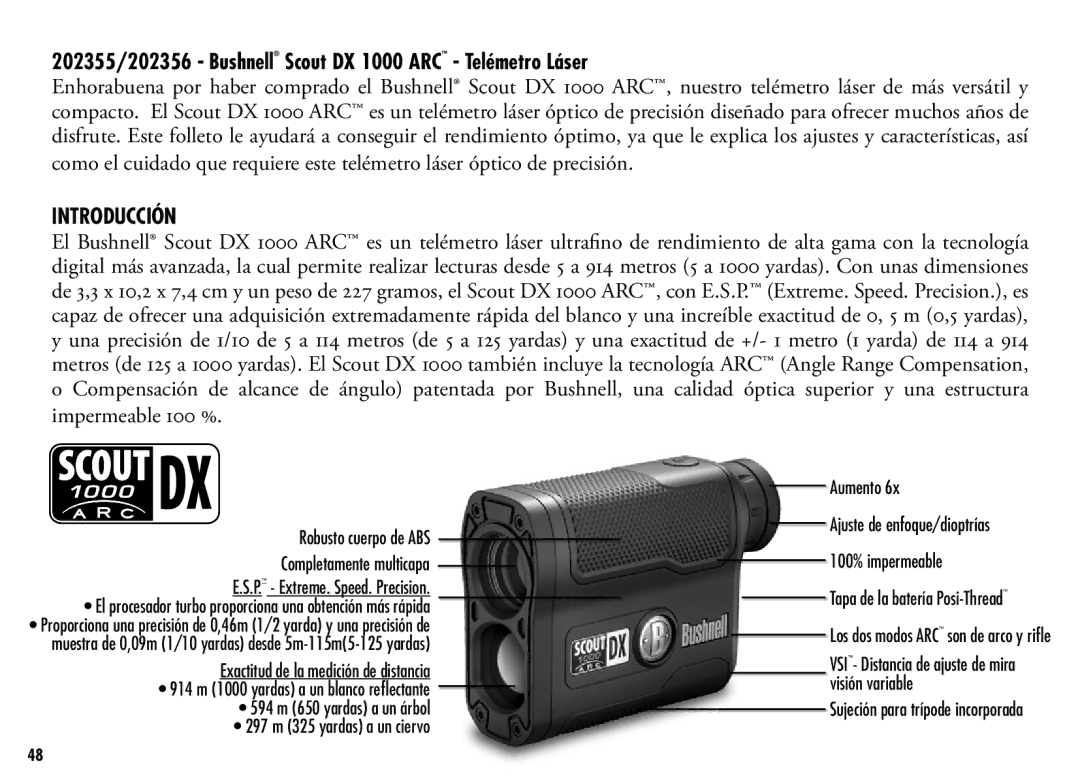 Bushnell manual 202355/202356 Bushnell Scout DX 1000 ARC Telémetro Láser, Introducción 