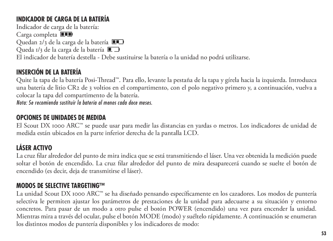 Bushnell 202355 manual Inserción DE LA Batería, Opciones DE Unidades DE Medida, Láser Activo, Modos DE Selective Targeting 