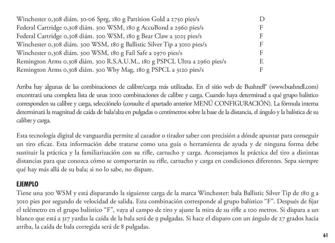 Bushnell 202355, 202356 manual WSM, 180 g AccuBond a 2960 pies/s, WSM, 180 g Bear Claw a 3025 pies/s, Ejemplo 