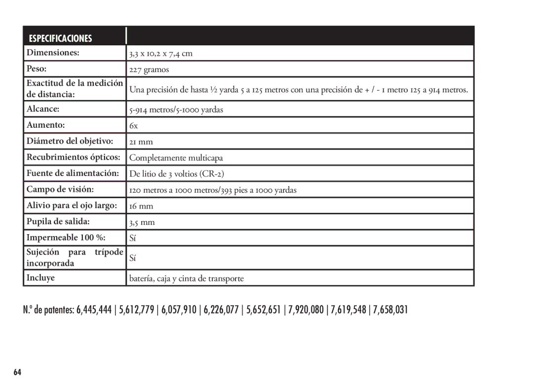 Bushnell 202356, 202355 manual Especificaciones 