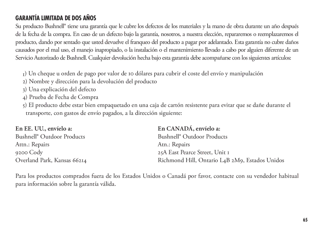 Bushnell 202355, 202356 manual Garantía Limitada DE DOS Años, En EE. UU., envíelo a En CANADÁ, envíelo a 