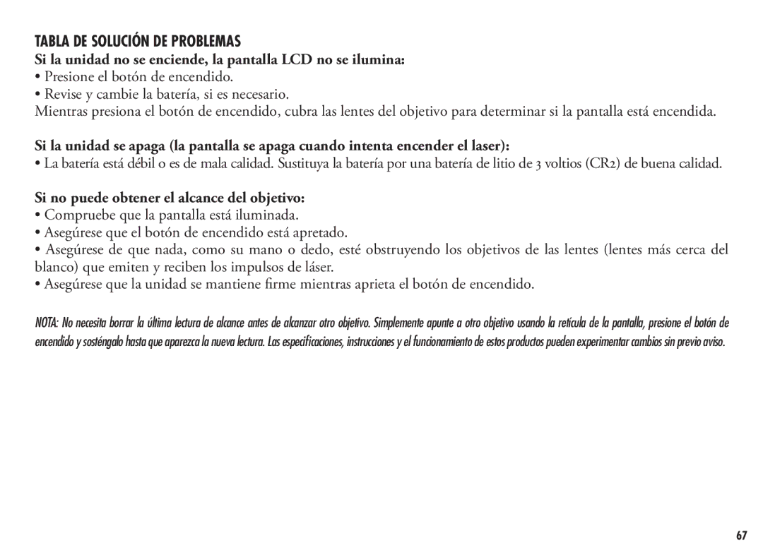 Bushnell 202355, 202356 manual Tabla de solución de problemas, Si la unidad no se enciende, la pantalla LCD no se ilumina 