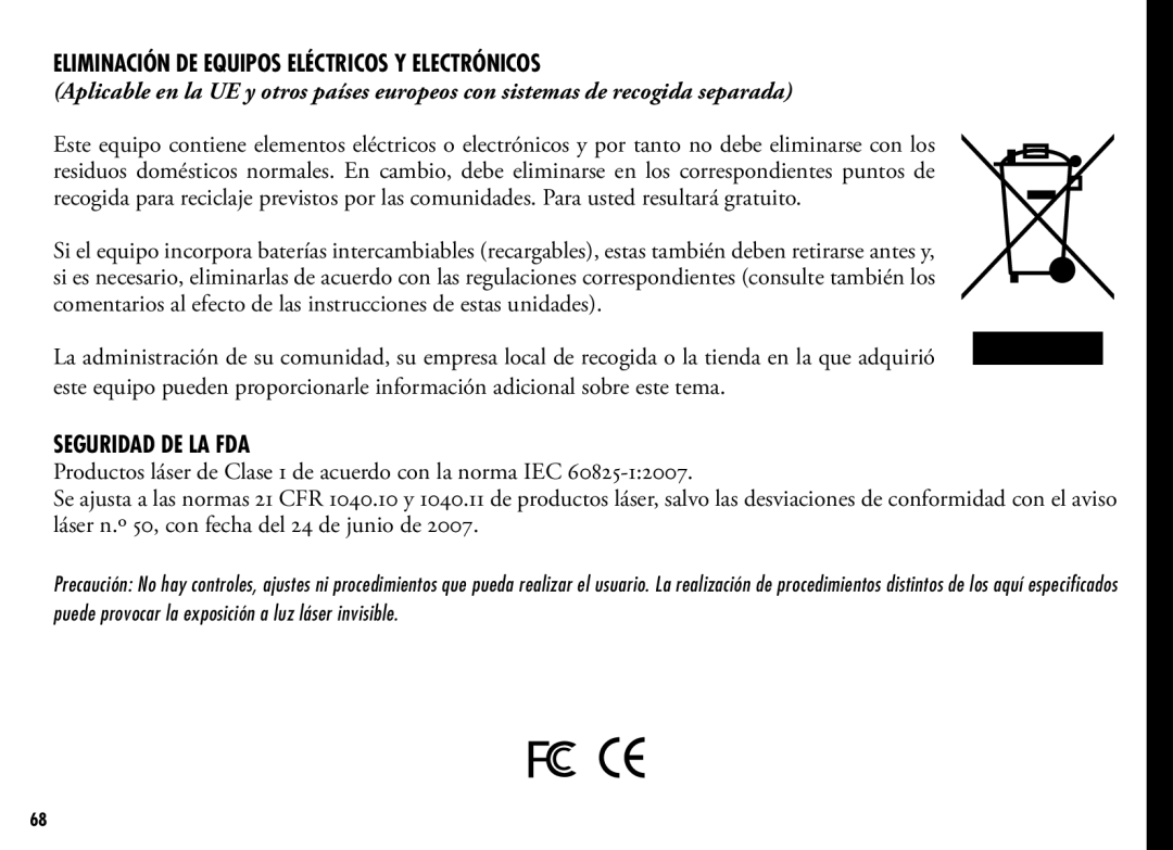 Bushnell 202356, 202355 manual Eliminación de equipos eléctricos y electrónicos, Seguridad DE LA FDA 