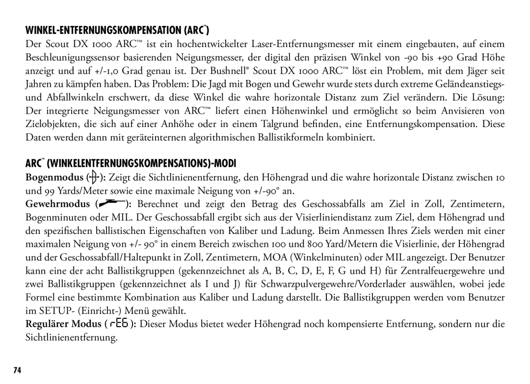 Bushnell 202356, 202355 manual Winkel-Entfernungskompensation ARC, ARC Winkelentfernungskompensations-Modi 