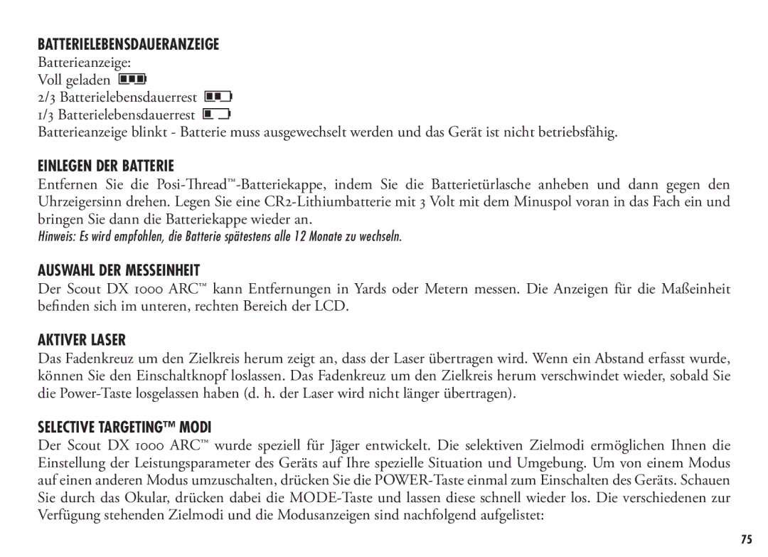 Bushnell 202355, 202356 manual Batterielebensdaueranzeige, Einlegen DER Batterie, Auswahl DER Messeinheit, Aktiver Laser 