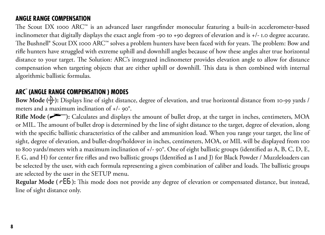 Bushnell 202356, 202355 manual Algorithmic ballistic formulas, ARC Angle Range Compensation Modes, Rifle Mode 