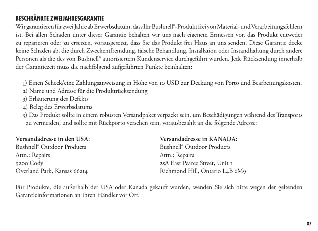 Bushnell 202355, 202356 manual Beschränkte Zweijahresgarantie, Versandadresse in den USA 