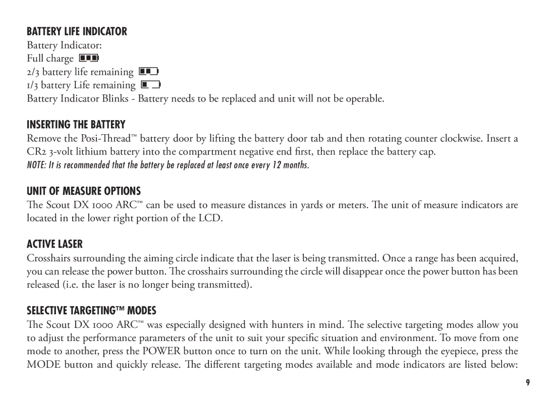 Bushnell 202355, 202356 manual Battery Life Indicator, Inserting the Battery, Unit of Measure Options, Active Laser 
