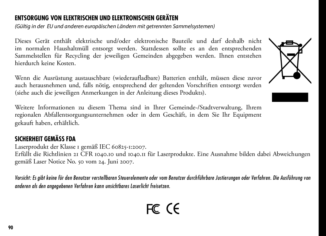 Bushnell 202356, 202355 manual Entsorgung von elektrischen und elektronischen Geräten, Sicherheit Gemäss FDA 