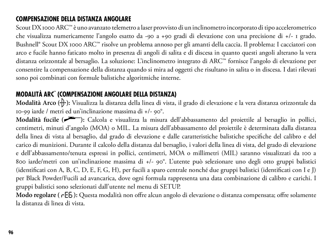 Bushnell 202356, 202355 manual Compensazione della distanza angolare, Modalità ARC Compensazione angolare della distanza 