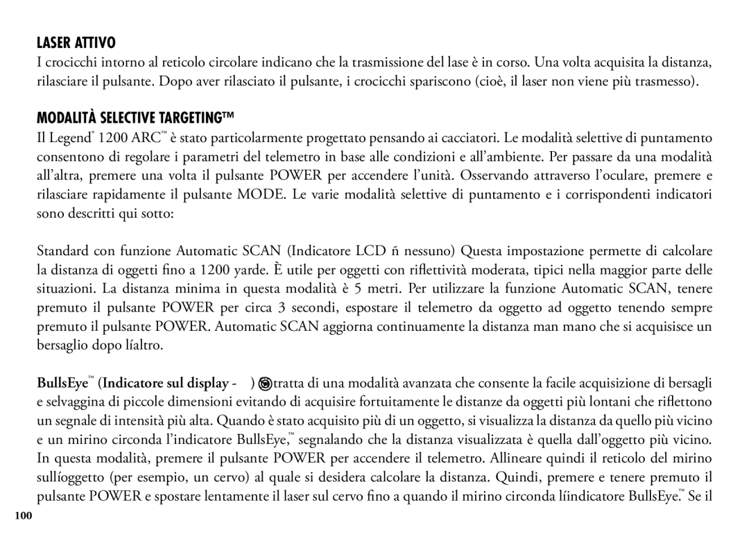 Bushnell 1200, 204101, 204100 manual Laser Attivo, Modalità Selective Targeting 
