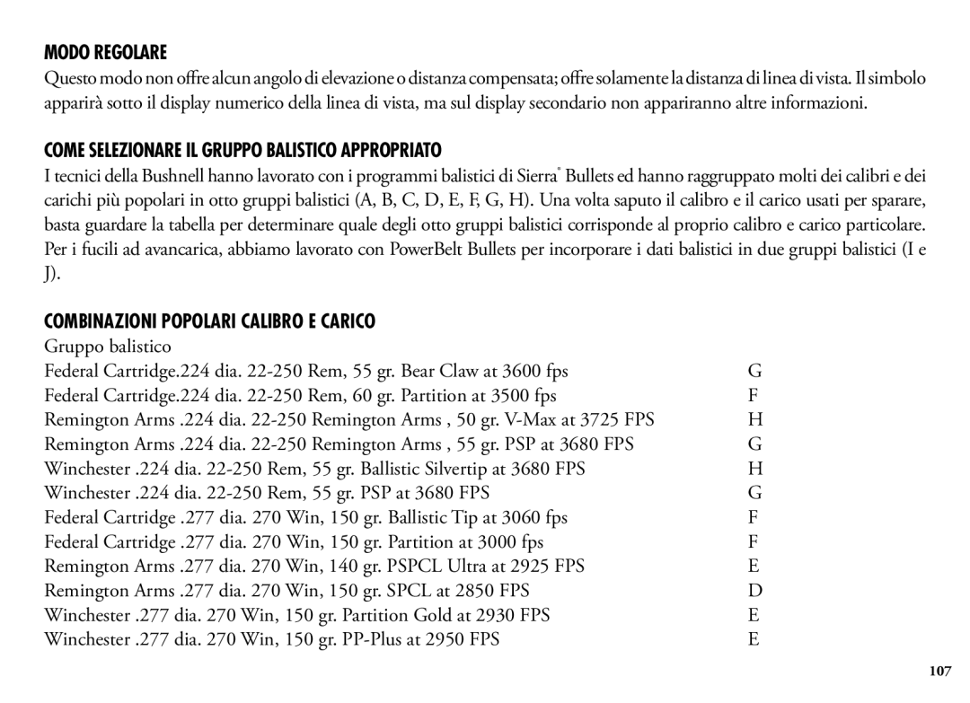 Bushnell 204100 Modo regolare, Come Selezionare IL Gruppo Balistico Appropriato, Combinazioni popolari calibro e carico 