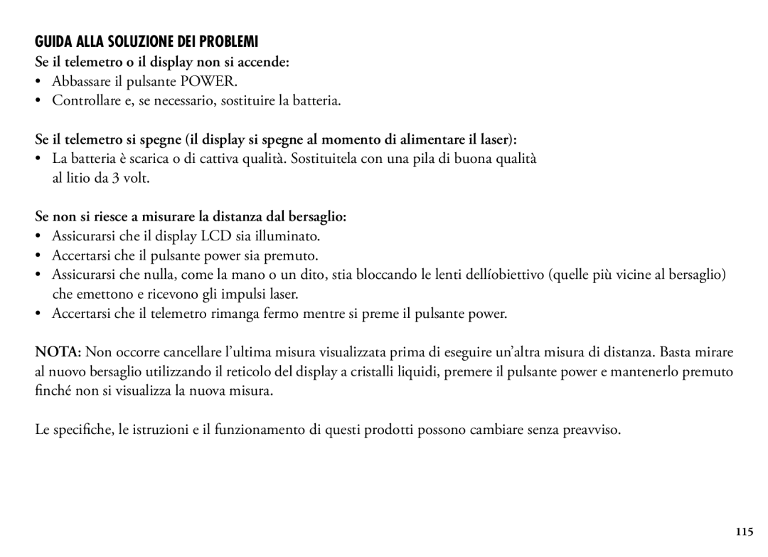 Bushnell 1200, 204101, 204100 manual Guida Alla Soluzione DEI Problemi, Se il telemetro o il display non si accende 