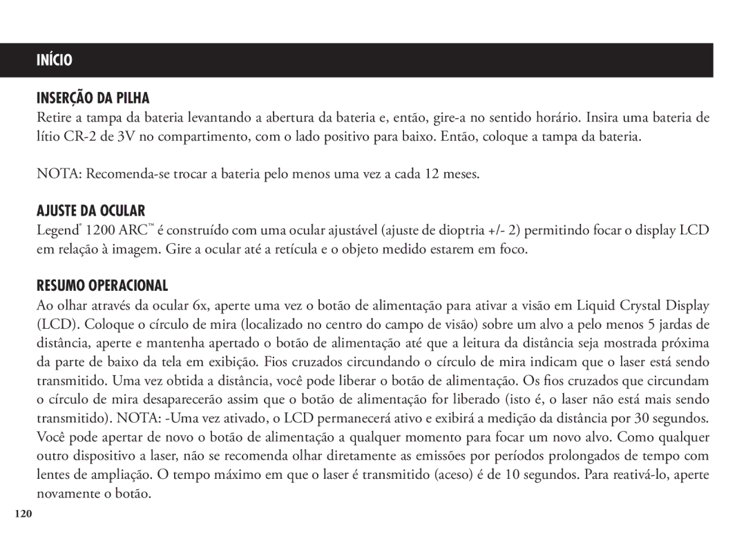 Bushnell 204101, 1200, 204100 manual Inserção DA Pilha, Ajuste DA Ocular Resumo Operacional 