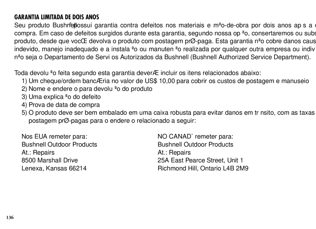 Bushnell 1200, 204101, 204100 manual Garantia Limitada DE Dois Anos, Nos EUA remeter para No Canadá remeter para 