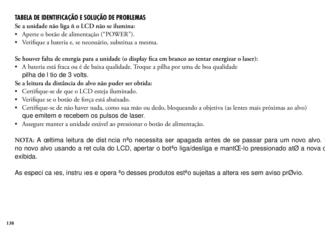 Bushnell 204101, 1200, 204100 Tabela DE Identificação E Solução DE Problemas, Se a unidade não liga ñ o LCD não se ilumina 